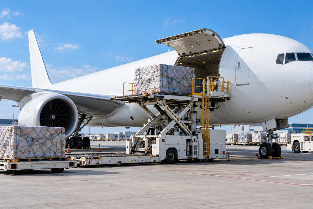 Palletized air cargo being loaded onto a cargo aircraft
